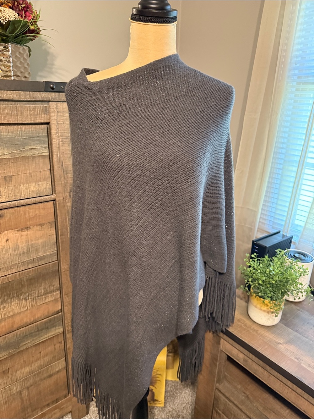 Women's Charcoal Fringe Knit Poncho - Classic Draped Sweater